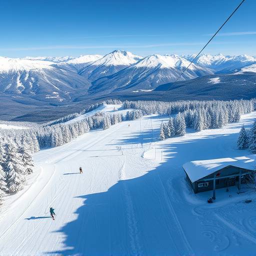 Overhead shot of Whistler, Canada ski resort with snow-covered slopes and skiers