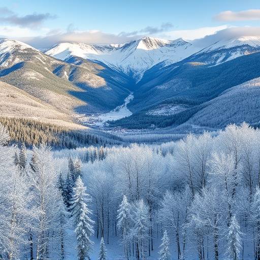 Panoramic view of Aspen, Colorado in winter with snow-covered trees and mountains