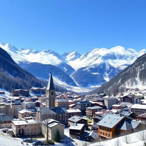 Panoramic view of Chamonix, France with snow-capped mountains and alpine village