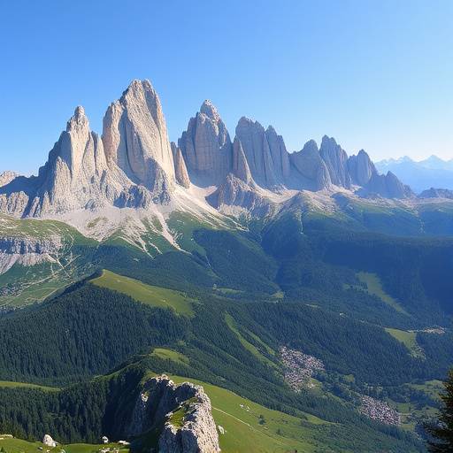 Scenic vista of the Dolomites, Italy with jagged peaks and rolling green hills